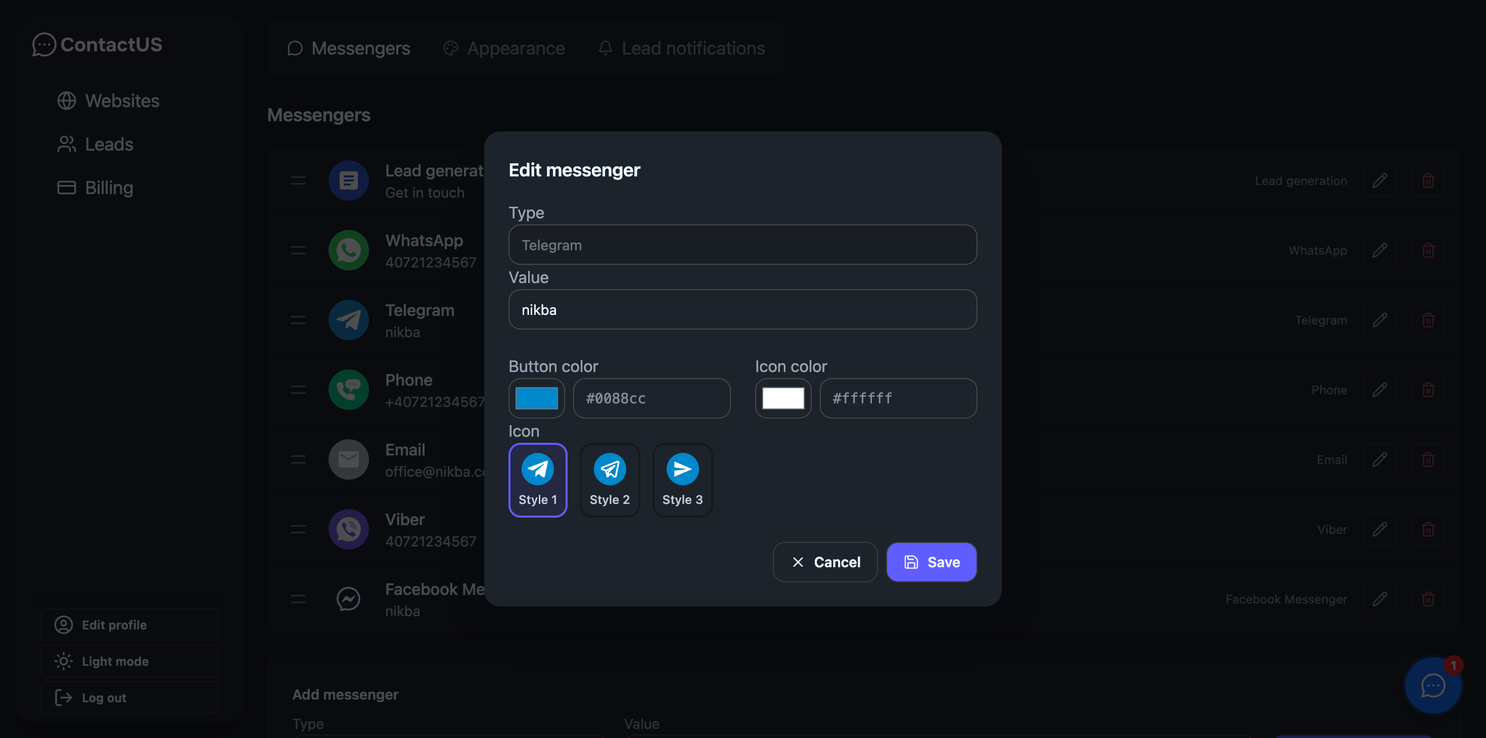 Contactus widget – messenger icons and edit modal